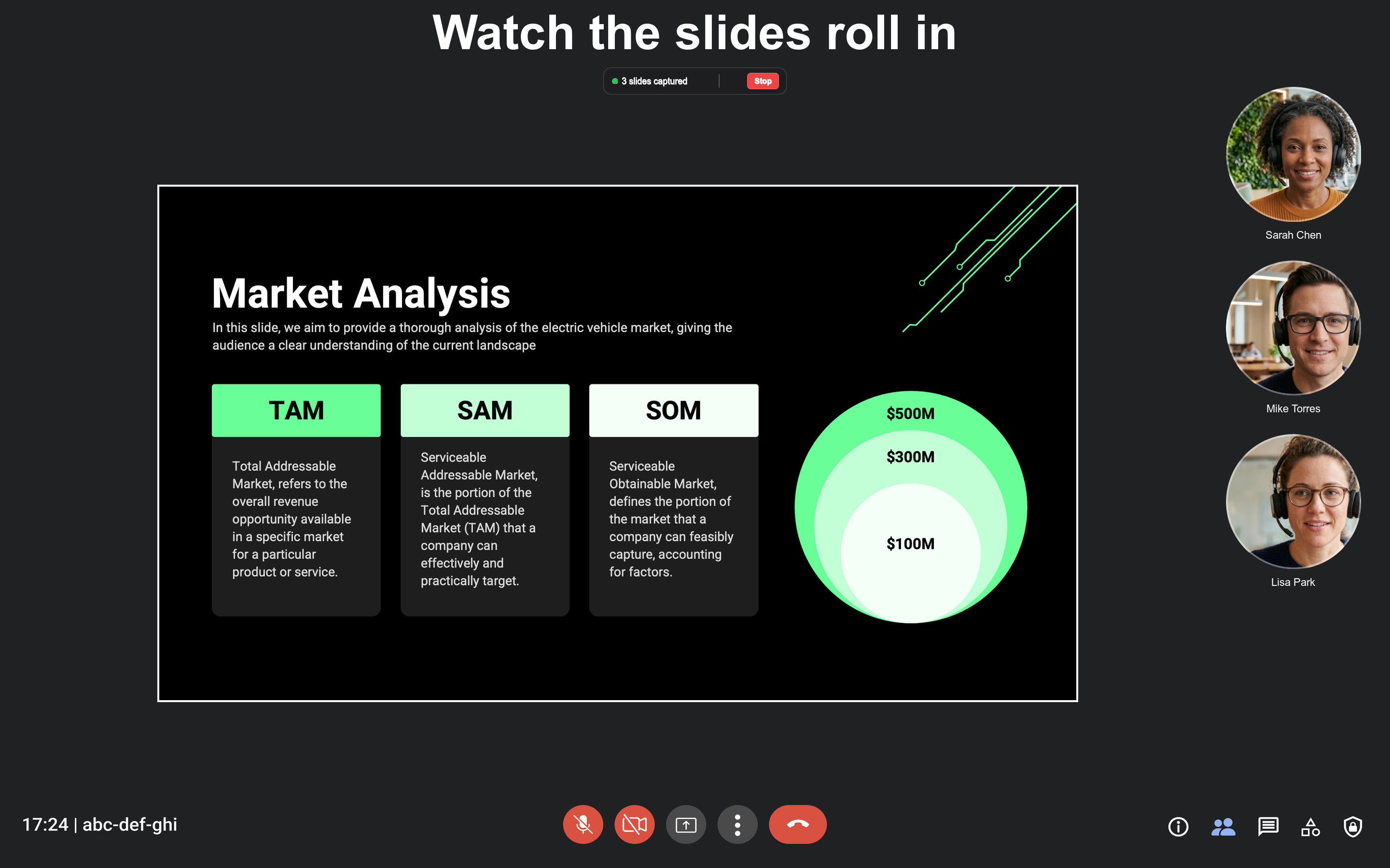 DeckBlast status panel showing 3 slides captured during a meeting